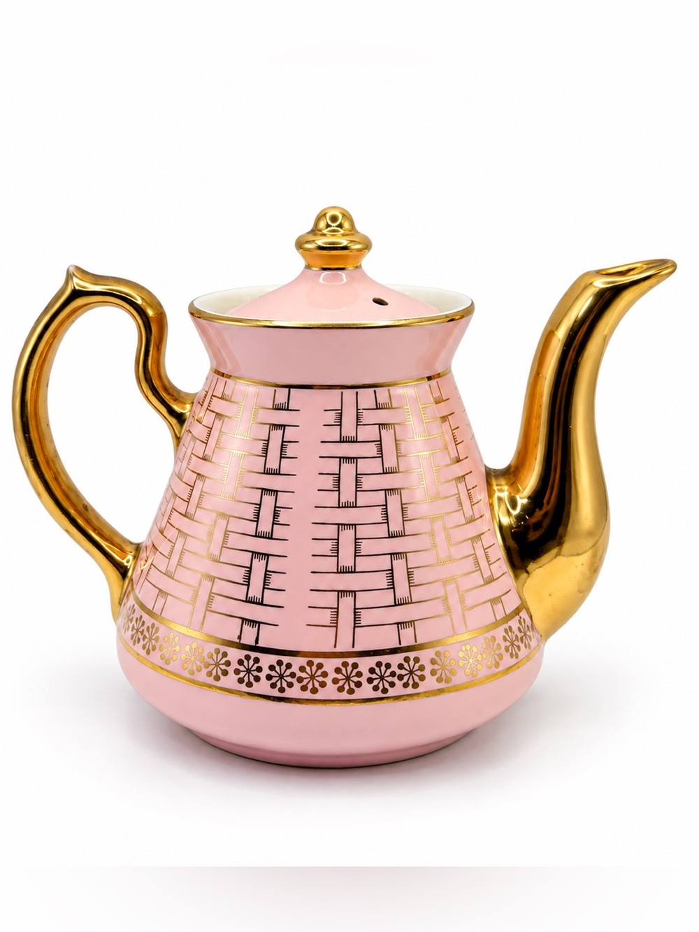 Vintage Hall Philadelphia Basket Weave Pink & Gold 6-Cup Teapot Made in USA